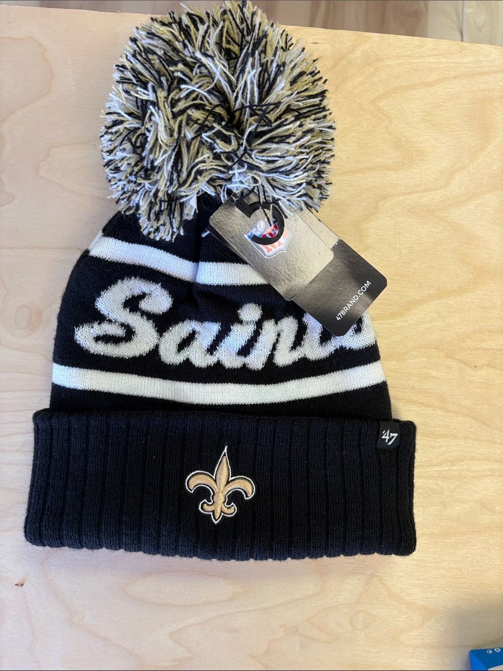47 Brand New Orleans Saints Black White & Gold Pom Beanie